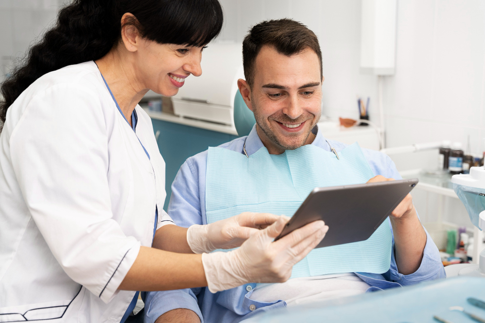 Clinician speaking with patient while AI-powered assistant records notes on a tablet in the background